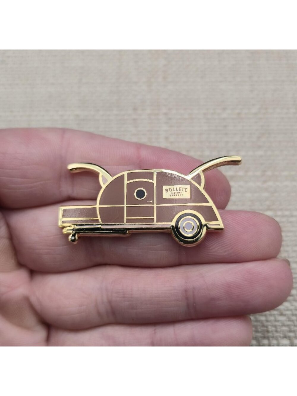 Bulleit Frontier Whiskey Teardrop Camper Trailer Enamel Lapel Pin A8616